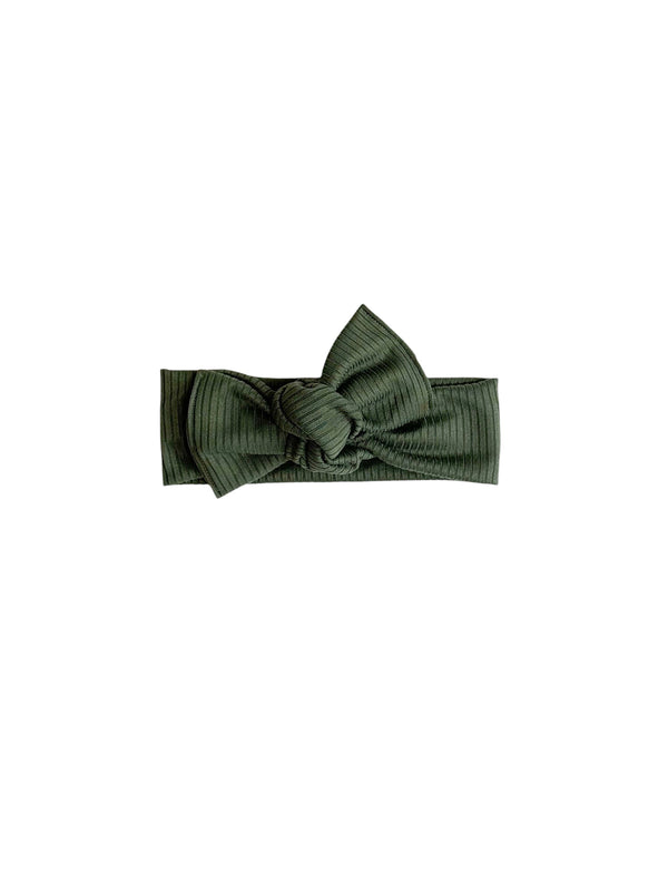 olive-green-ribbed-tie-on-headwrap Boosh Baby - Sophia's Style-1